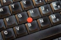 Red pointing stick on a laptop computer keyboard, macro detail extreme closeup shot from above, nobody, no people. Mouse input
