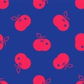 Red Poison apple icon isolated seamless pattern on blue background. Poisoned witch apple. Vector
