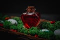 Red poison in a heart-shaped bottle lies in the bark of a tree with moss and stones on a black Royalty Free Stock Photo