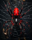 Red poisonous spider with web dark background