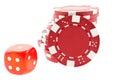 Red poker chips and dice cube isolated