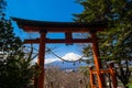 Red pole in path way up to Chureito pagoda fuji mountain viewpoint Royalty Free Stock Photo
