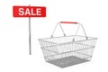 Red Pole Sale Sign near Wire Shopping Basket. 3d Rendering Royalty Free Stock Photo