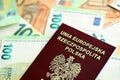 Red polish passport and big amount of european euro money bills Royalty Free Stock Photo