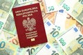 Red polish passport and big amount of european euro money bills Royalty Free Stock Photo