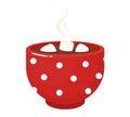 Red polka-dot mug with hot chocolate and marshmallows. Vector illustration in flat style.