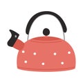 Red polka dot teapot with lid and whistle. Kitchen equipment, utensils for camping, picnic, cooking on gas or fire. Flat vector Royalty Free Stock Photo