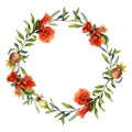 Red pomegranate flowers festive watercolor wreath round frame for Rosh Hashanah, wedding cards. Hand drawn illustration