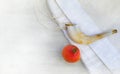 A red pomegranate next to a shofar against a tallit for Rosh Hashanah and Yom Kippur