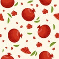 Red pomegranates, pomegranate seeds and leaves. Seamless pattern. Royalty Free Stock Photo