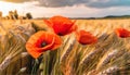 Red poppies bloom amidst golden wheat under morning light