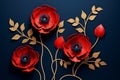 Red poppies on blue background. Remembrance Day, Armistice Day, Anzac day symbol. Paper cut art style Royalty Free Stock Photo