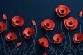 Red poppies on blue background. Remembrance Day, Armistice Day, Anzac day symbol. Paper cut art style Royalty Free Stock Photo