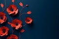 Red poppies on blue background. Remembrance Day, Armistice Day, Anzac day symbol. Paper cut art style Royalty Free Stock Photo