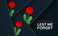 Vector Lest We Forget. Craft Red Poppies Field Remembrance Day banner. Papercut Poppy flower peace symbol. Anzac