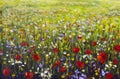 Red poppies flower field oil painting, yellow, purple and white flowers artwork