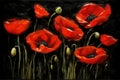 Red poppies flowers background, oil painting style on black background