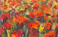 Red poppies flowers painting. Macro Close up fragment