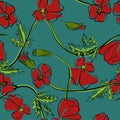 Red poppies on a green background. Floral seamless pattern with big bright flowers. Summer vector illustration for print textile,