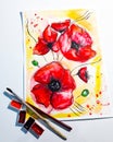 Red poppies illustrations. maki picture. drawing of red poppies. brushes. paint.