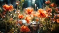 Red poppies with large soap bubbles, illuminated by the rays of the sun, grow on the lawn Royalty Free Stock Photo