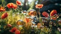 Red poppies with large soap bubbles, illuminated by the rays of the sun, grow on the lawn Royalty Free Stock Photo