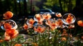 Red poppies with large soap bubbles, illuminated by the rays of the sun, grow on the lawn Royalty Free Stock Photo