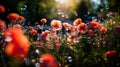 Red poppies with large soap bubbles, illuminated by the rays of the sun, grow on the lawn Royalty Free Stock Photo