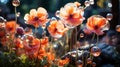 Red poppies with large soap bubbles, illuminated by the rays of the sun, grow on the lawn Royalty Free Stock Photo