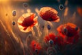 Red poppies in rays sun. Poppy field. Generative AI Royalty Free Stock Photo