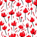 Red poppies seamless pattern. Simple floral background for textiles, wallpapers, packaging. Handmade, grunge texture. Royalty Free Stock Photo