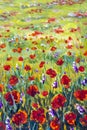 Red poppies tulips rose Flowers in green grass palette knife painting