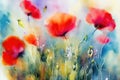 Red poppies watercolor abstract background, poppies flowers artistic background. Generative AI