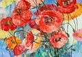 Red poppies on yellow and blue oil on canvas illustration