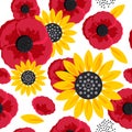 Red poppies and yellow sunflowers. Seamless pattern with white background and spring flowers, symbols of Ukraine Royalty Free Stock Photo