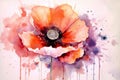 Red Poppy beautiful field watercolor painting. Illustration of blooming poppy flower. Beautiful floral interior wall painting