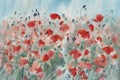 Red poppy field in the rain watercolor background