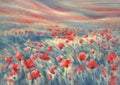 Red poppy field with a rye watercolor background