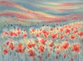 Red poppy field with a rye watercolor background