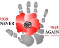 Red poppy flower with hand print. 1939-1945 never again. May 9 - Victory day