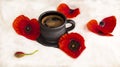 Red poppy flowers, black cup of coffee on a white background. Romantic floral summer arrangement. Royalty Free Stock Photo