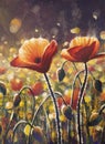 Red poppy flowers field sunset sun rays acrylic artistic handmade watercolor painting background. red wildflowers poppy paint art