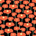 Red poppy flowers seamless vector background. Red poppies meadow on black background. Retro floral background. Flower field. Hand Royalty Free Stock Photo