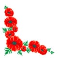 Red Poppy Illustration. Vector Left Corner Flower Frame On White.