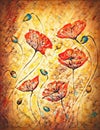 Red poppy on orange background. Red poppies. Red flower on abstract color background