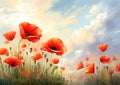 Red flowers nature meadow field poppy summer blossom background green grass Royalty Free Stock Photo