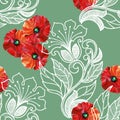 Red poppy, white floral decorations, watercolor, pattern seamless