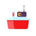 Red portable fridge with music receiver and glass of refreshing cocktail isometric vector