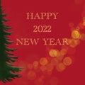 Red postcard banner with the new 2022 year with gold letters. Christmas tree. Place for the text