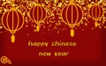 red postcard with yellow sequins and four Chinese paper lanterns, \
